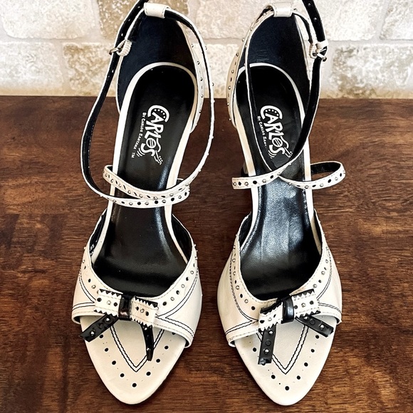 Carlos Santana Cream & Black Studded Open Toe Heel with Ankle Strap & Bow - Picture 3 of 10